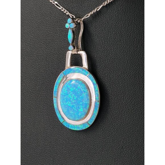 Native American Blue Opal Necklace Earrings Set Oval 925 Sterling Signed MY - Picture 8 of 12